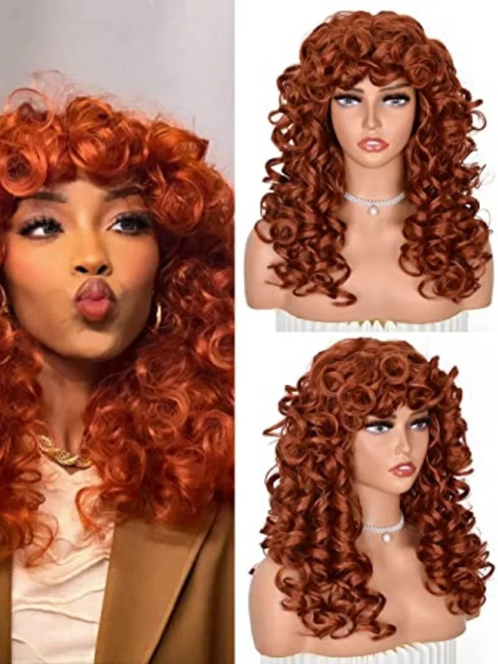 Copper Curly Wigs for Black Women Long Curly Afro Wig with Bangs for Women